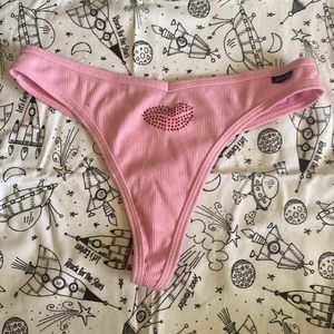 PINK Valentines Lipstick Rhinestone Design T-Back Thong Panty